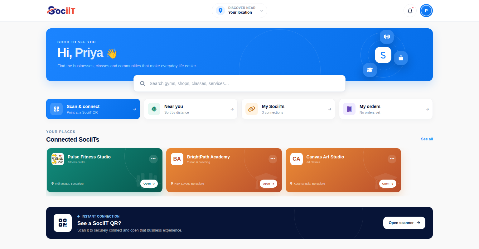 SociiT Marketplace member home with connected businesses and discovery